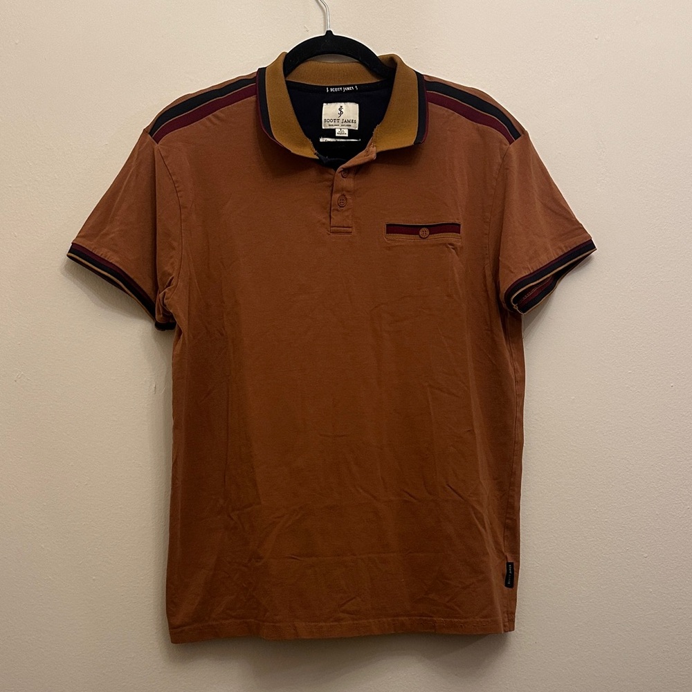 Scott James Brown Polo Shirt Size Large Front Button Pocket Sophisticated Classy